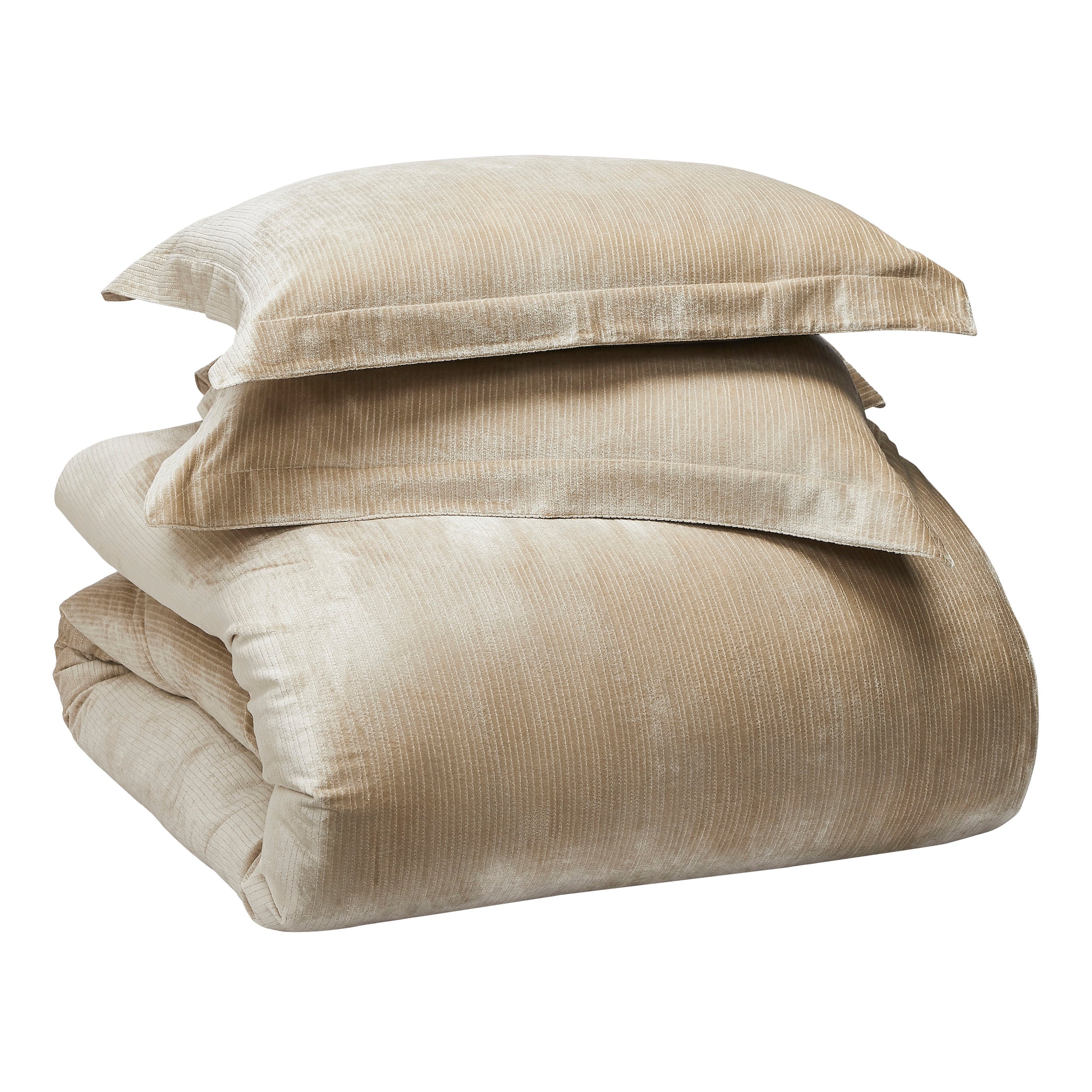 DT-053-9092_9|Stacked beige velvet textured duvet cover and two matching pillow shams, providing a complete luxury bedding set.