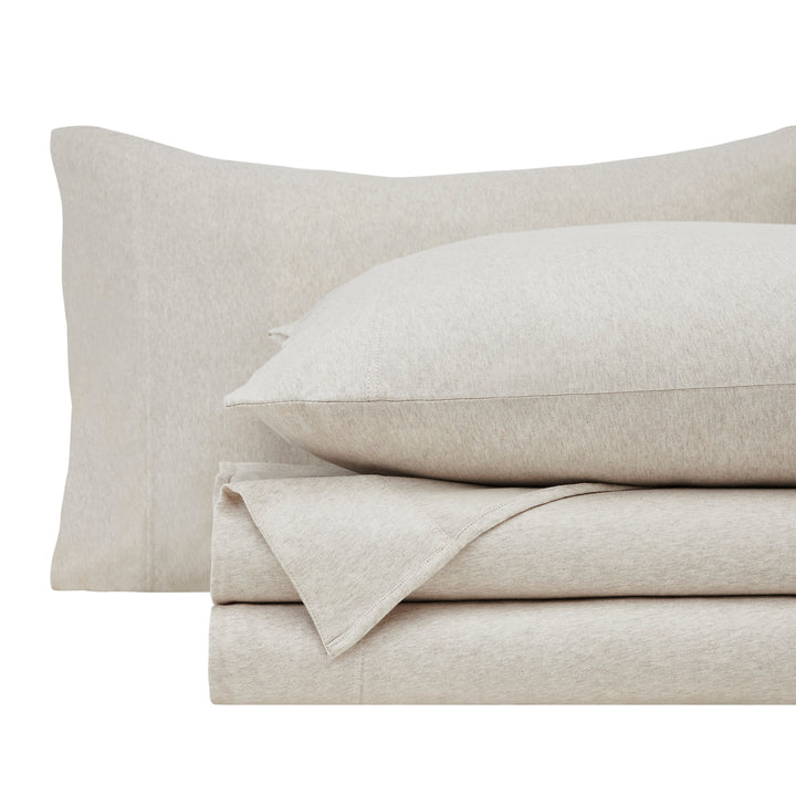 CSS-527-7284_5|Stacked soft light beige melange 100% cotton sheet set, including a pillowcase, on a clean white background.