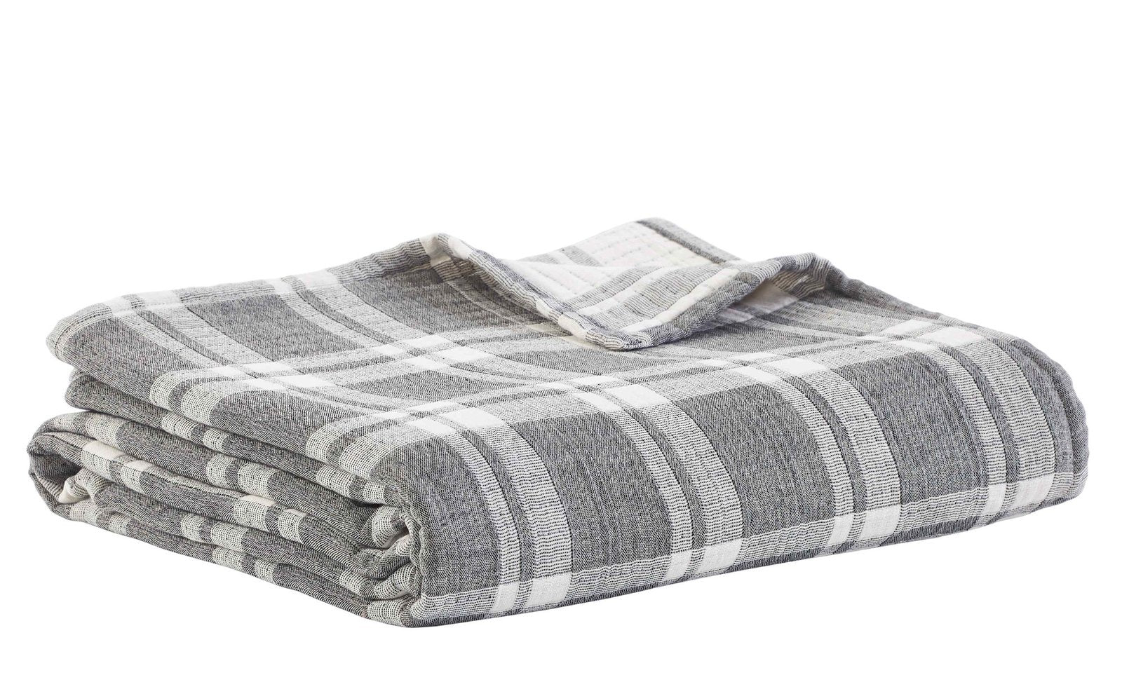 BT-116-11096_3|Neatly folded grey and white plaid blanket, offering cozy comfort and a timeless, inviting pattern for any space.