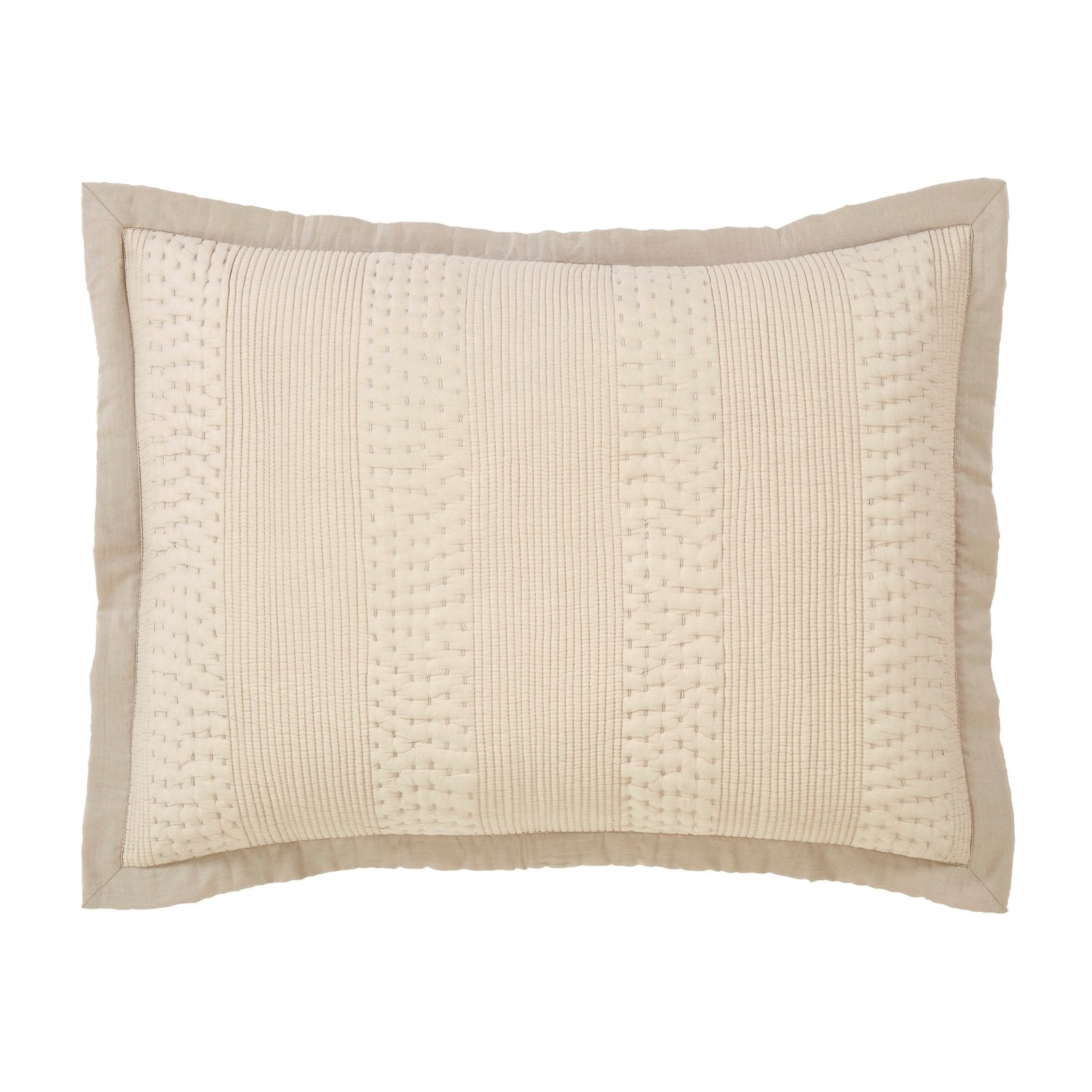 SS-164-2026_1|Luxurious neutral beige quilted coverlet featuring an elegant vertical stripe pattern and a stylish framed border. Perfect for modern bedding.