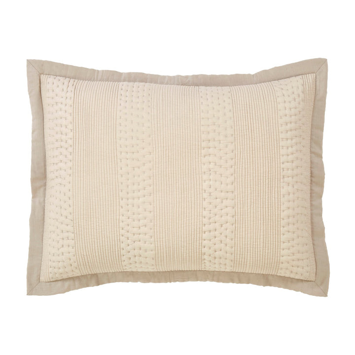 SS-164-2026_1|Luxurious neutral beige quilted coverlet featuring an elegant vertical stripe pattern and a stylish framed border. Perfect for modern bedding.