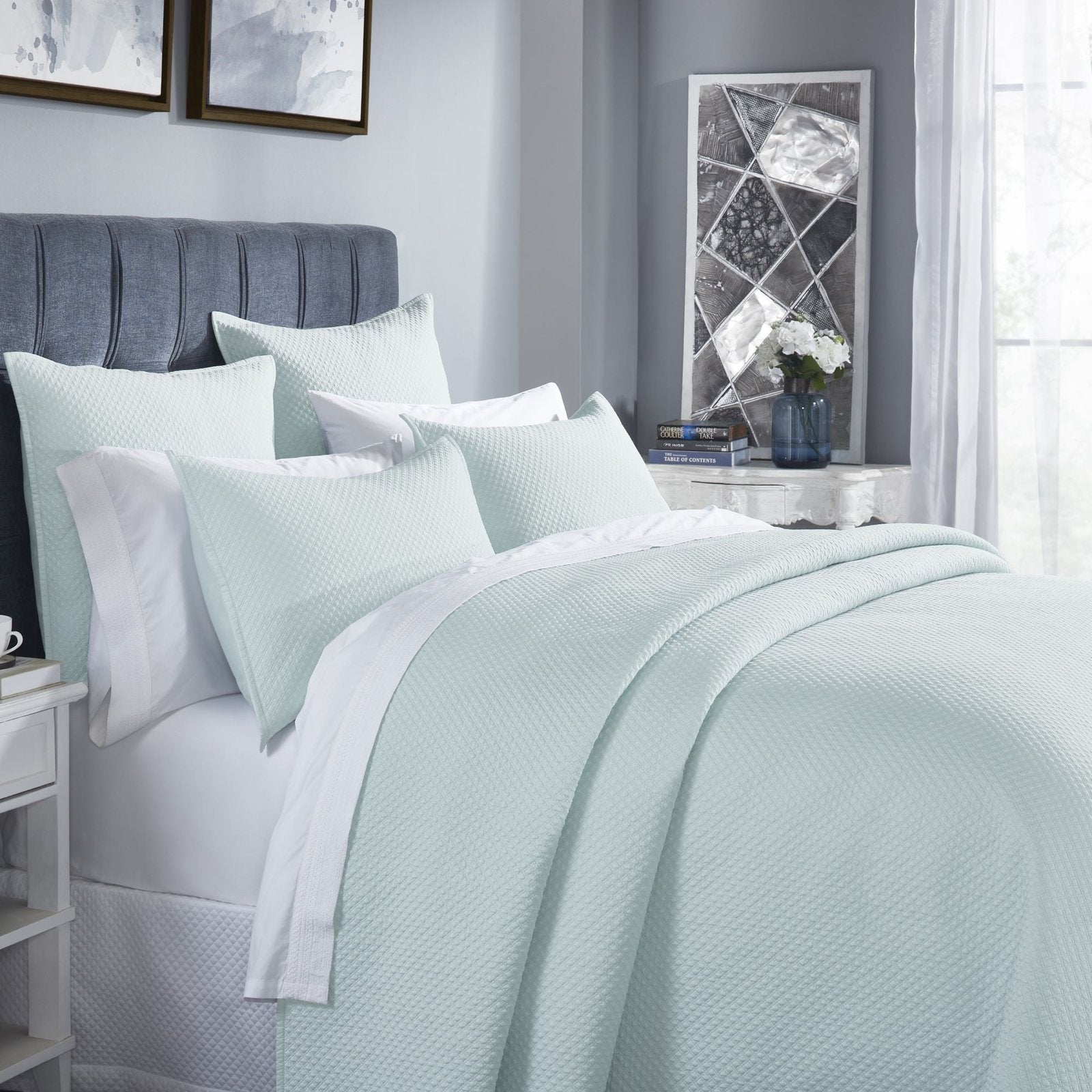 CL-252-11096_3|Detailed view of a refreshing mint green quilted coverlet set, adding cozy comfort and elegant modern bedroom appeal.