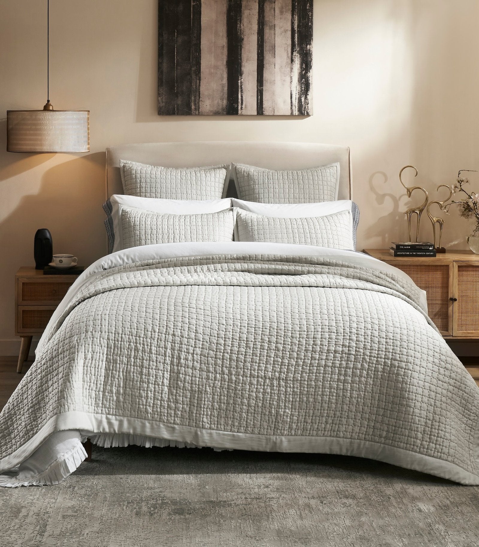 CL-198-9496_1|Grey quilted coverlet with a subtle grid pattern on a bed in a modern bedroom. Adds texture and warmth.