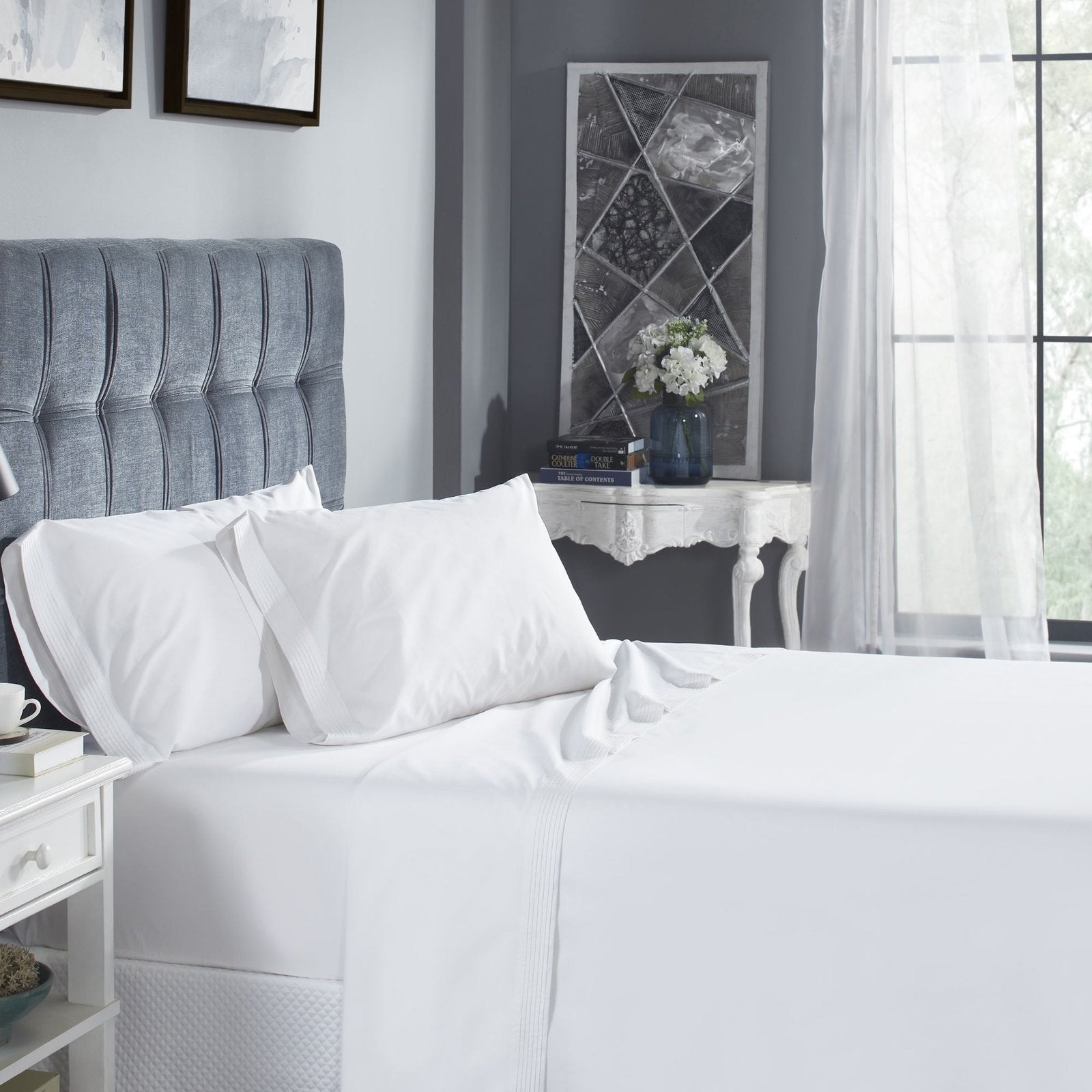 QSS-521-X_1|Crisp white sheet set with subtle pleated detailing on the flat sheet and pillowcases. Classic, comfortable bedding.