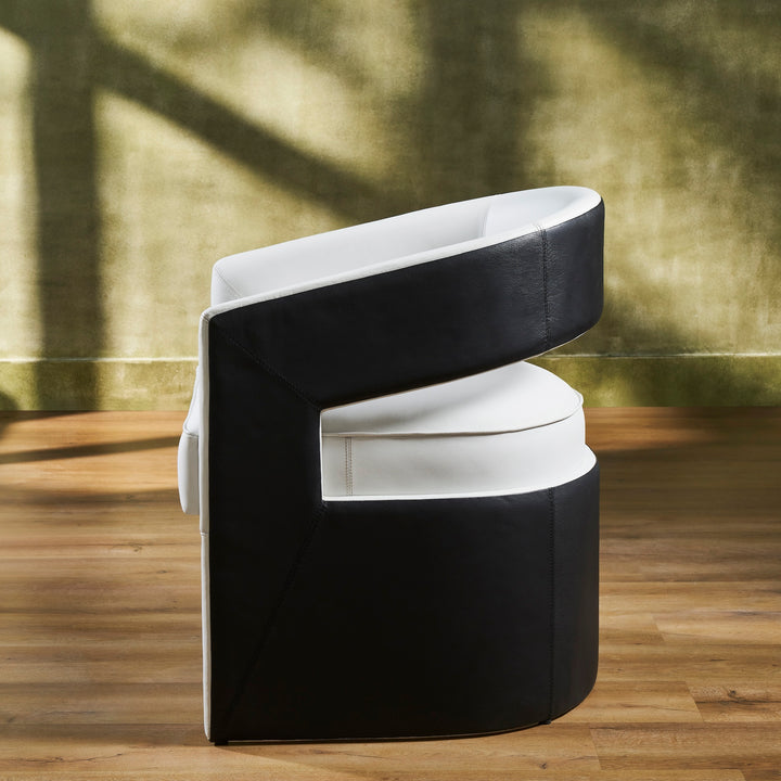 FN-5208-282429_4|Modern white and black genuine leather accent chair, showcasing a unique angular profile. Premium quality leather furniture for luxury.