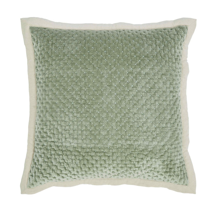 ES-328-X_1|Mint green quilted square pillow with light linen border and cross-stitch pattern, perfect for elegant home decor.