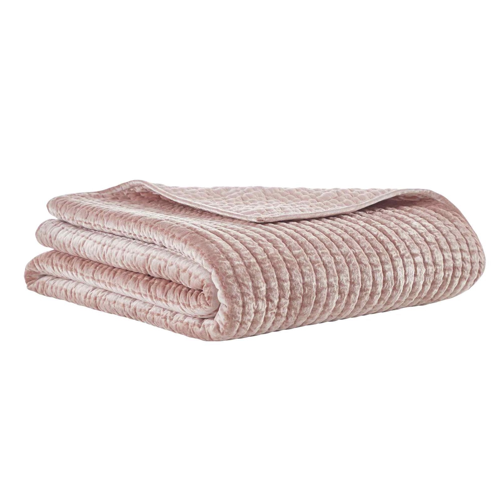 QT-354-9496_1|Soft dusty pink velvet quilt, elegantly folded. Plush channel-quilted texture, adds warmth and luxury to bedding.