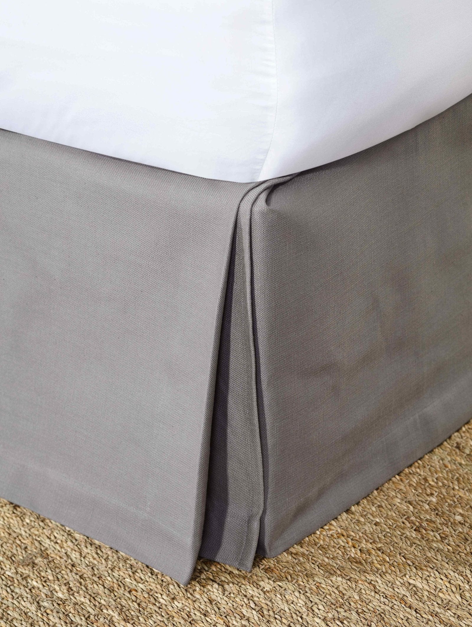 BS-110-7880_1|Stylish grey panel bed skirt with elegant box pleats, creating a contemporary and refined look for your serene bedroom.