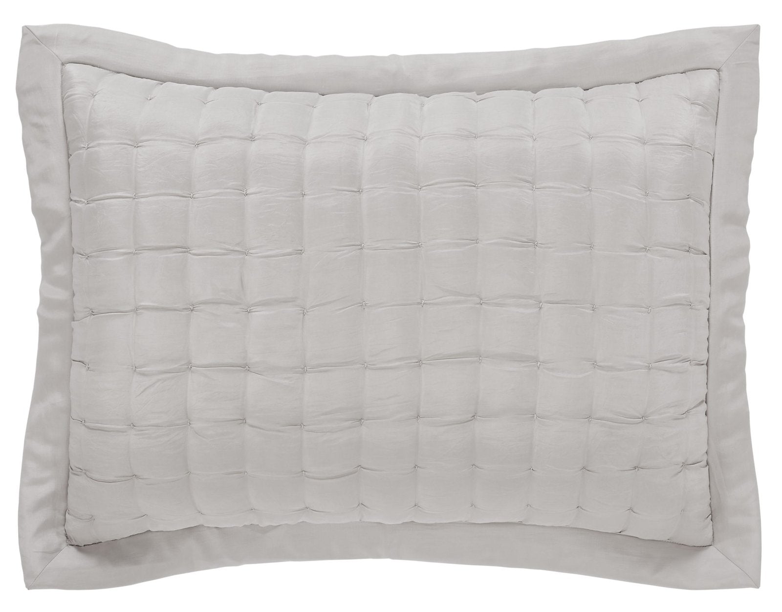 SS-334-2026_1|Serene light grey quilted pillow sham, featuring a tidy square pattern and soft ruffled trim, perfect for peaceful decor.