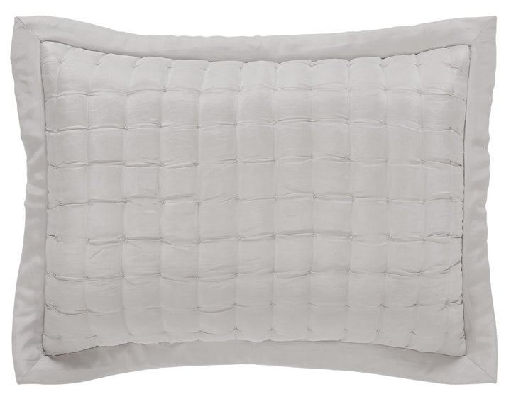 SS-334-2026_1|Serene light grey quilted pillow sham, featuring a tidy square pattern and soft ruffled trim, perfect for peaceful decor.