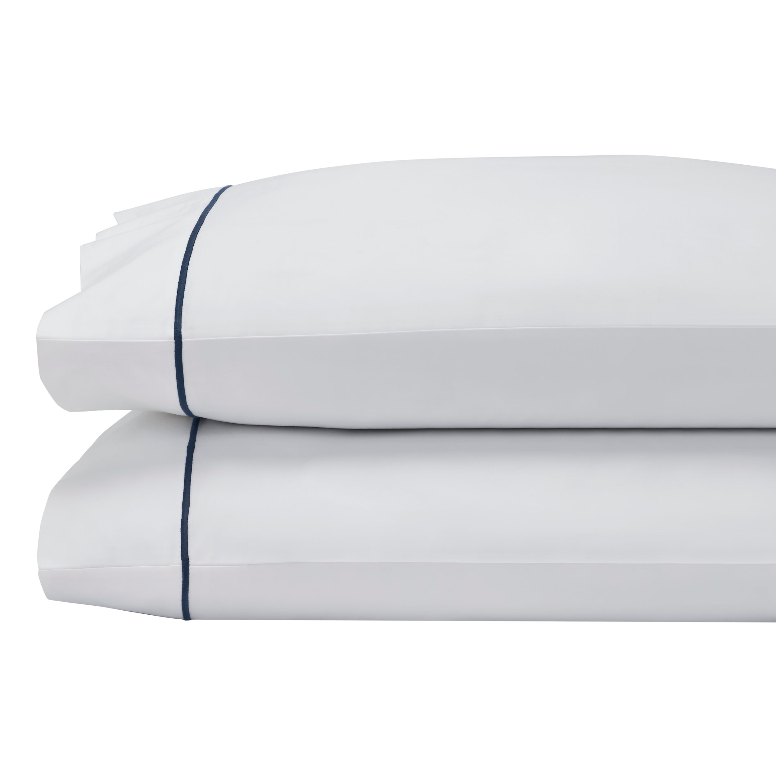 ASP-549-2032_2|Stacked premium white 100% cotton pillowcases with elegant navy blue stripe. Soft, durable, and hotel-quality bed linens.