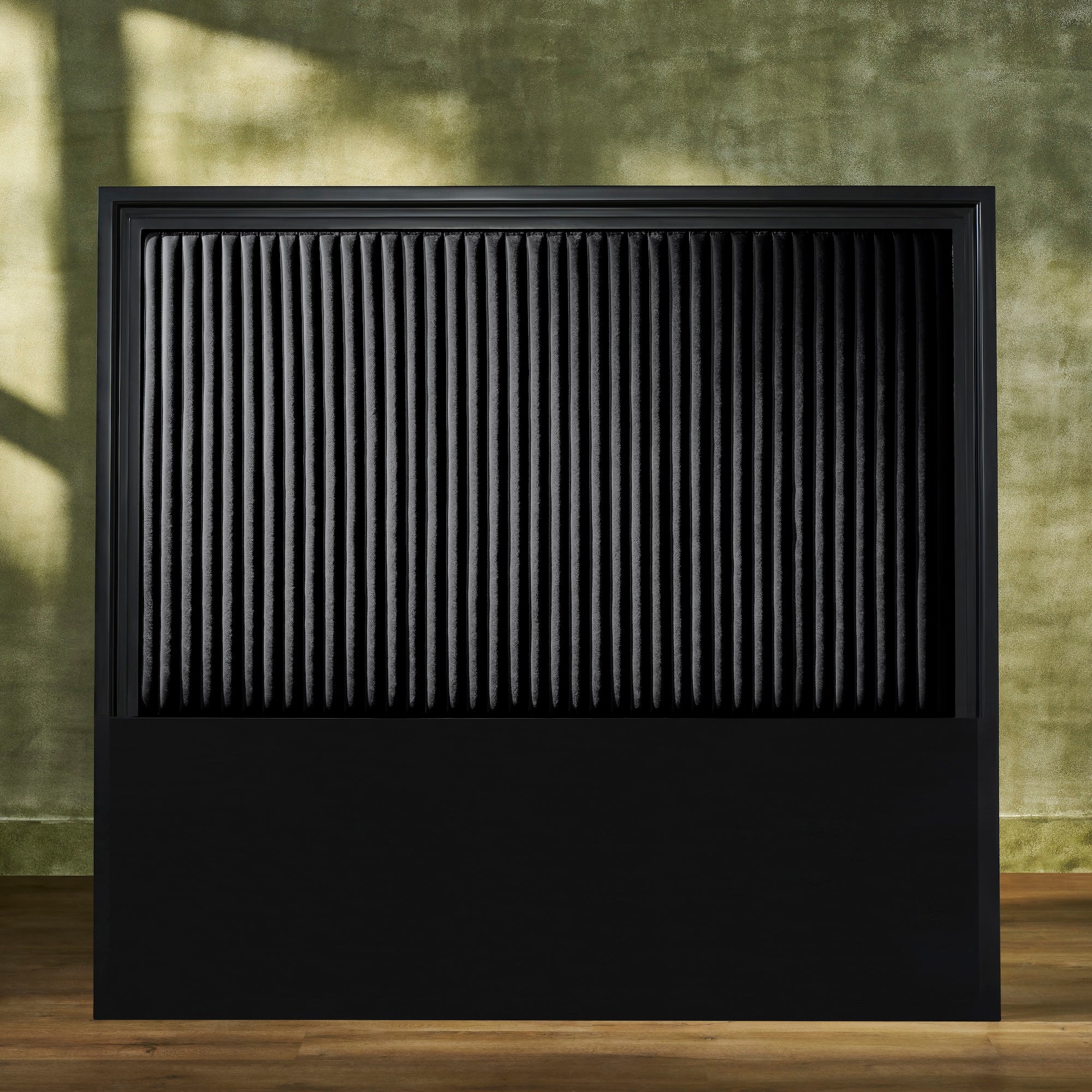 FN-5212-6080_1|Stylish black fluted leather headboard with vertical channels in a robust black frame, enhancing bedroom decor.