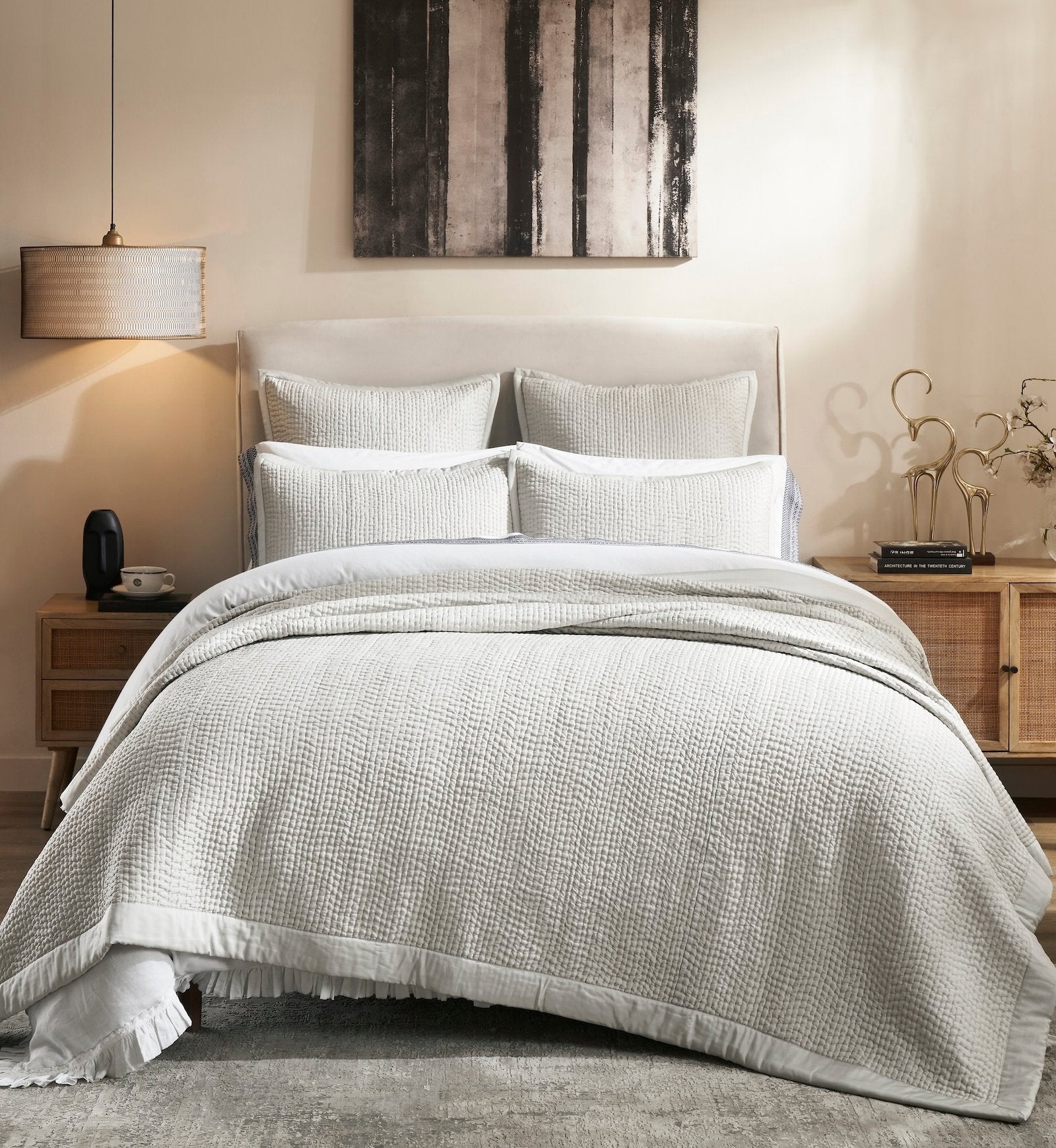 CL-197-11096_1|Cozy light grey quilted coverlet with a stylish waffle texture, dressing a modern bed in a warm, inviting bedroom.