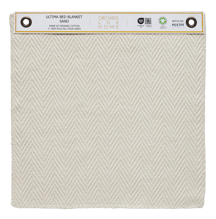 SWT-866-1010_1|Organic cotton Ultima bed blanket swatch in sand, featuring elegant herringbone texture, perfect for serene bedroom.