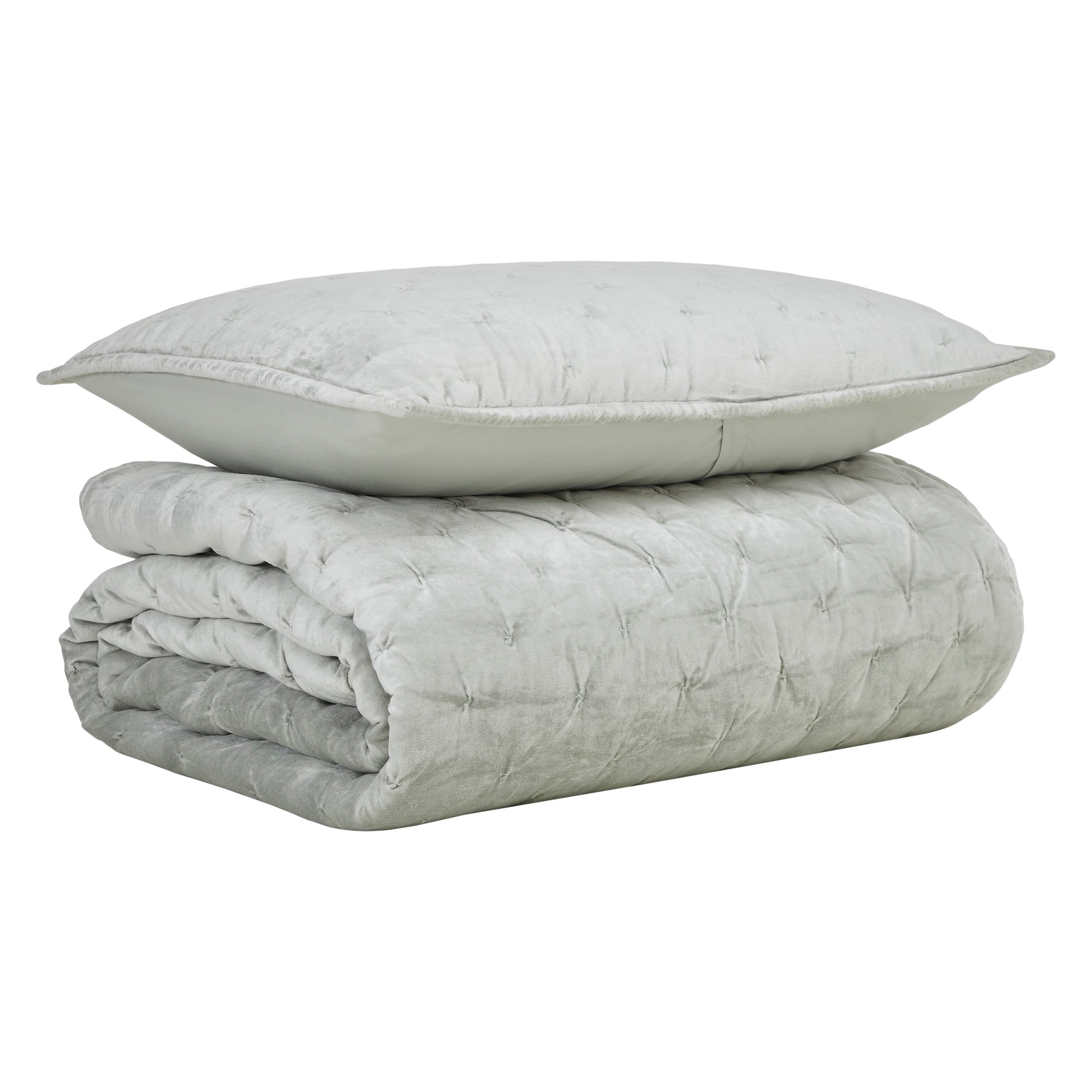 QT-371-11096_5|Neatly folded light grey velvet quilt with square tufting, accompanied by a matching pillow for complete bedding.