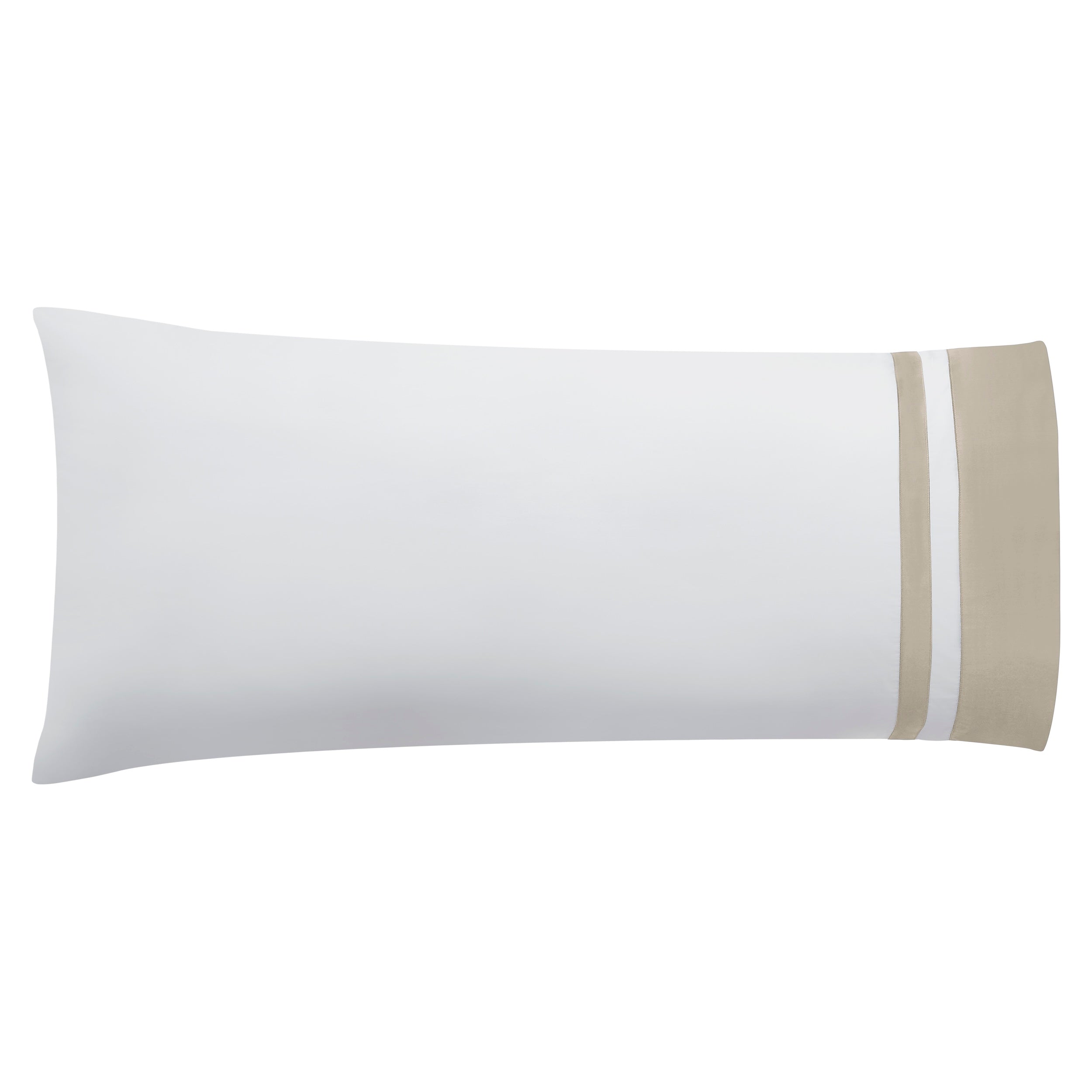 AKP-543-2040_3|Single standard white 100% cotton sateen weave pillowcase with a double stripe beige embroidered border.