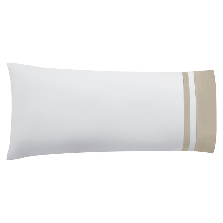 AKP-543-2040_3|Single standard white 100% cotton sateen weave pillowcase with a double stripe beige embroidered border.