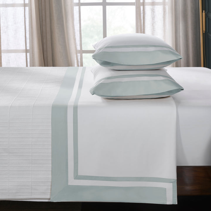 KFL-541-7880_3|Premium 100% cotton sheets, white with light blue double border, offering elegant style and soft, breathable comfort.