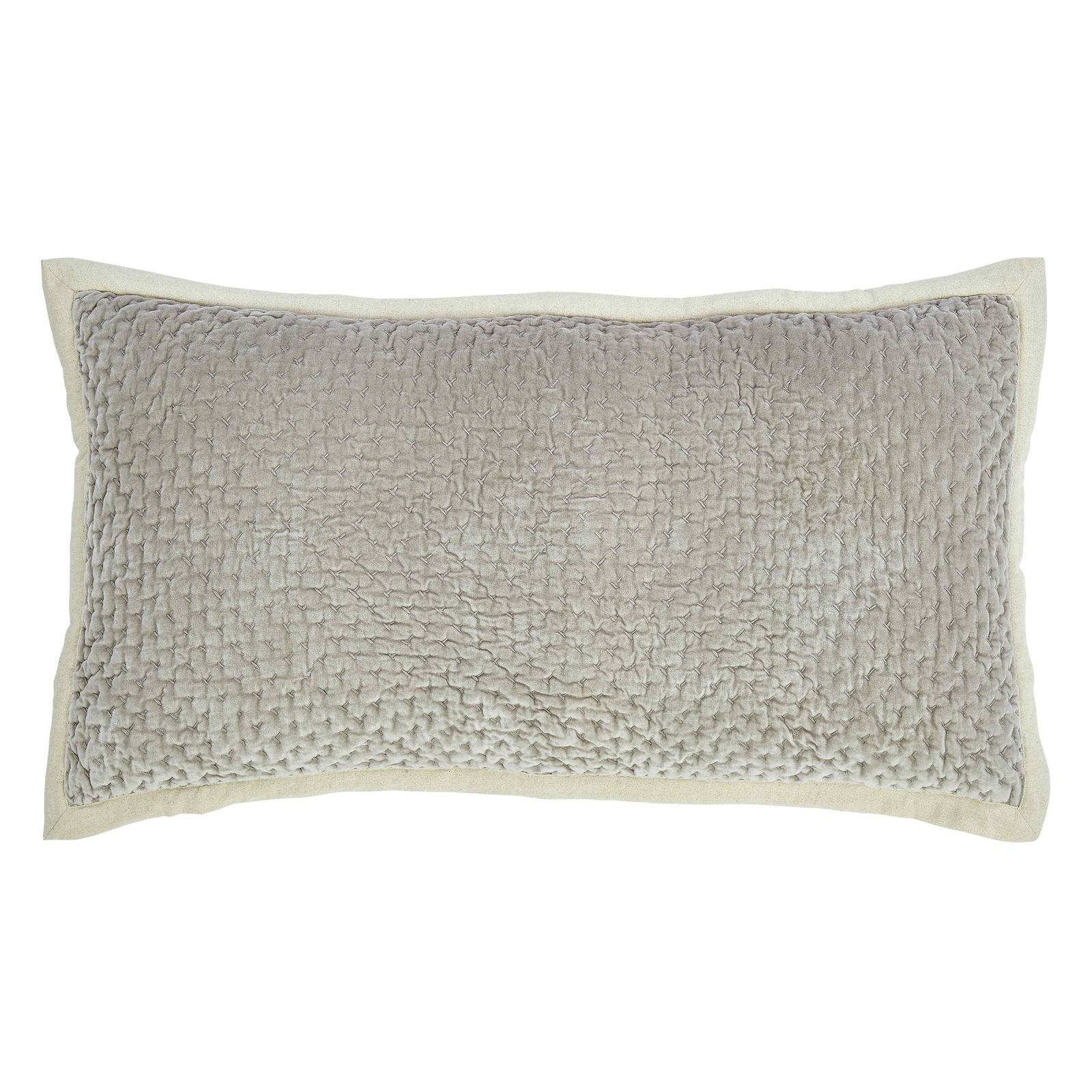 KS-330-2036_1|Luxurious light gray velvet decorative pillow with a quilted texture and elegant border, enhancing any sophisticated bed.