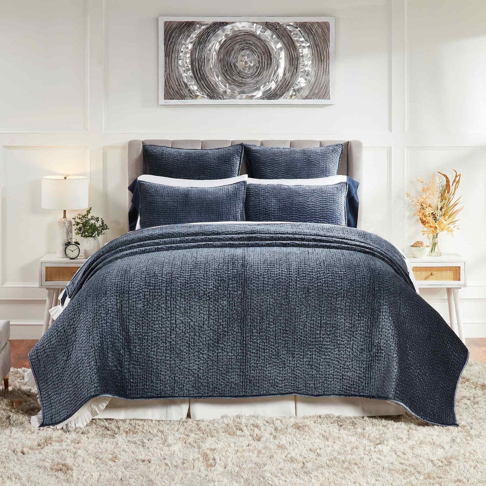 CL-195-11096_1|Elegant navy blue quilted coverlet set on a stylish bed, featuring a textured design, perfect for sophisticated bedroom decor.