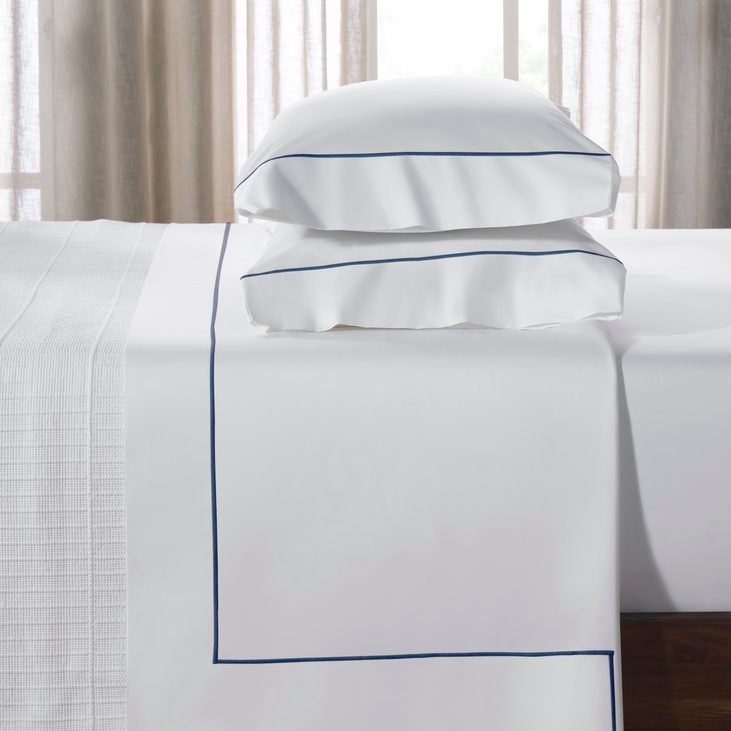 KFL-549-7880_3|Premium 100% cotton sheets, pure white with elegant navy blue border, paired with textured blanket for layered comfort.